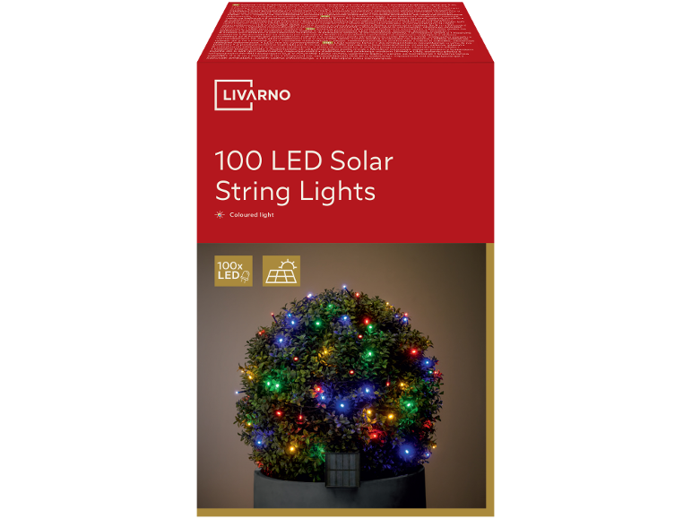 Catena luminosa solare 100 LED, colorata, su una pianta, con pannello solare.