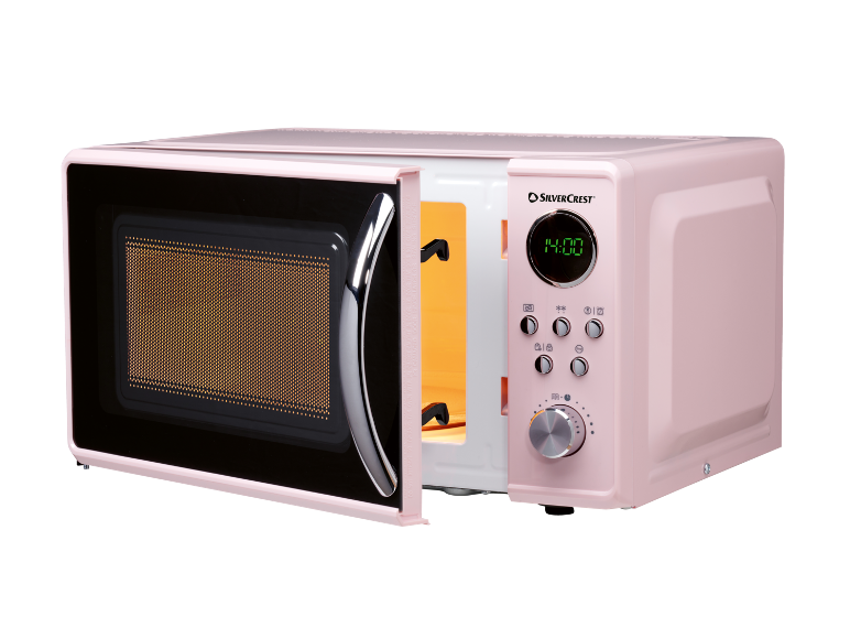Forno a microonde rosa con sportello aperto e display digitale che mostra le 14:00.