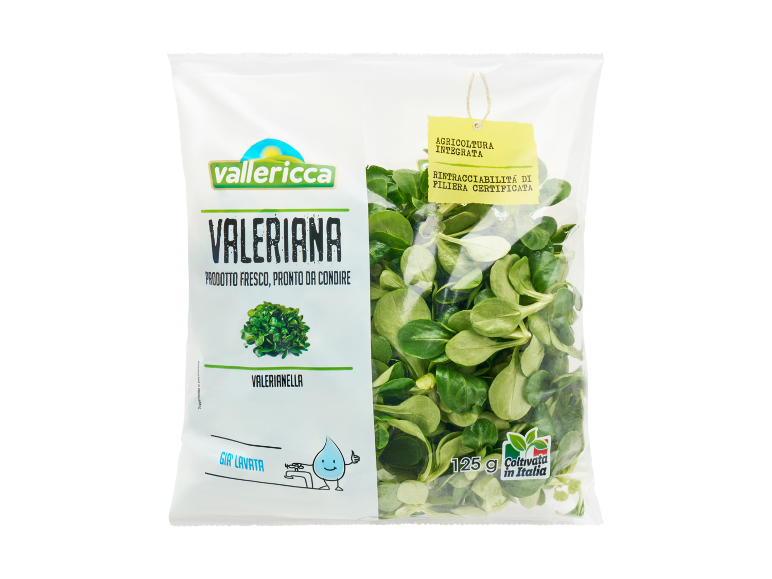 Busta di valeriana fresca, pronta da condire, 125g, coltivata in Italia.