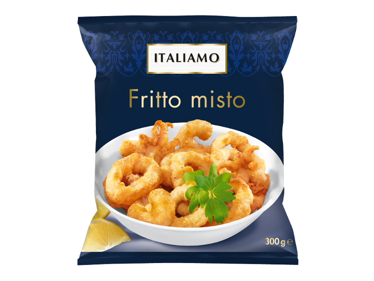 Busta di fritto misto con calamari e gamberi impanati, limone e prezzemolo. 300 g.
