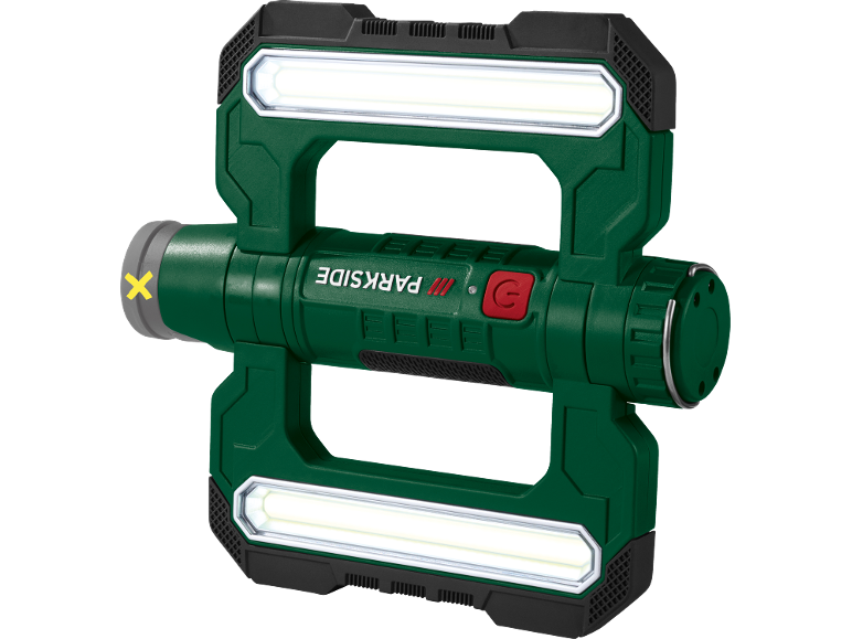 Lampada da lavoro verde con luci LED luminose e pulsante di accensione rosso