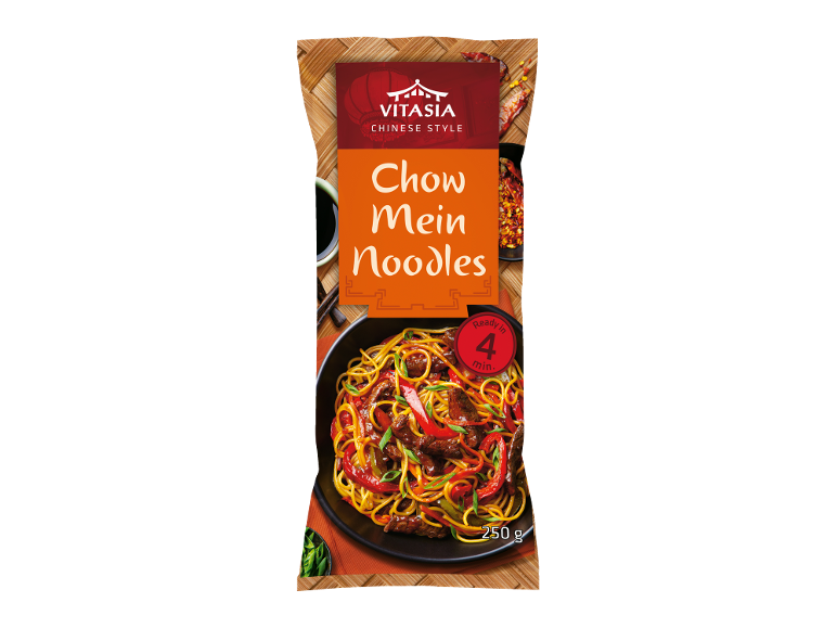 Confezione di noodles Chow Mein con carne e verdure, pronti in 4 minuti, 250 g.