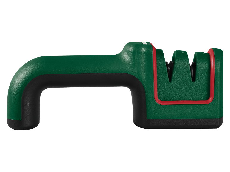 Affilacoltelli verde con manico nero e accenti rossi.