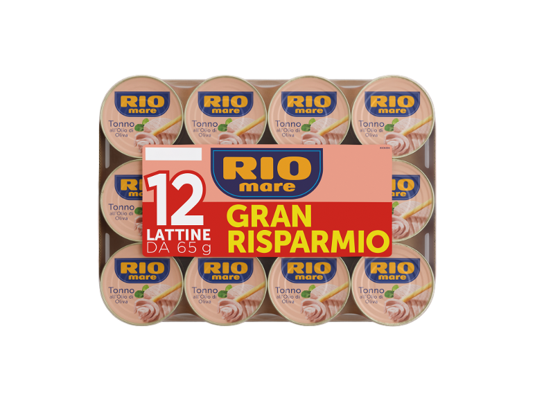 Confezione da 12 scatolette di tonno all'olio d'oliva da 65g, con scritta 'Gran Risparmio'.