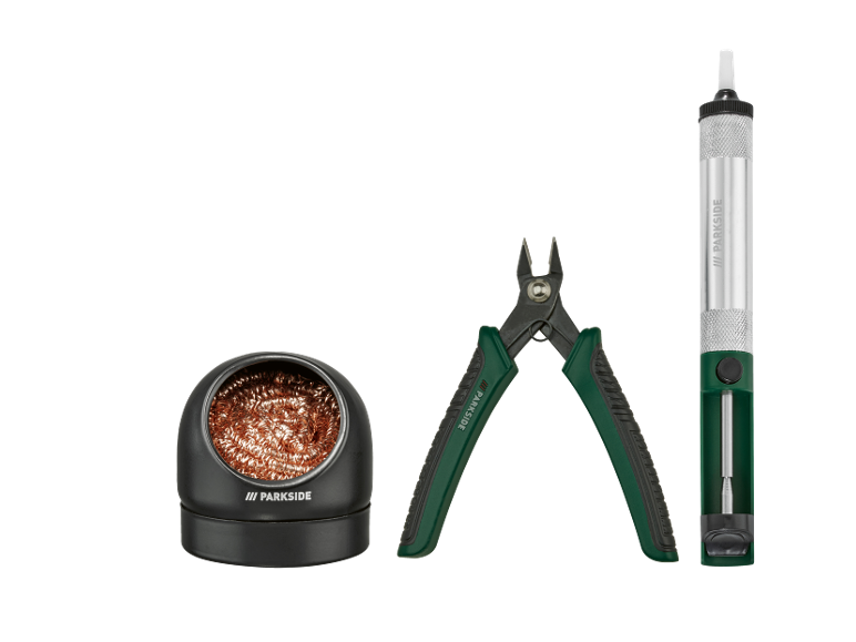 Kit di saldatura con pompa dissaldante, tronchesi e pulitore per punte.