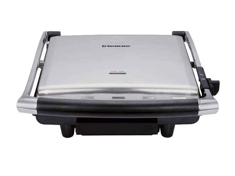 Grill per sandwich argentato con indicatori di accensione e pronto.