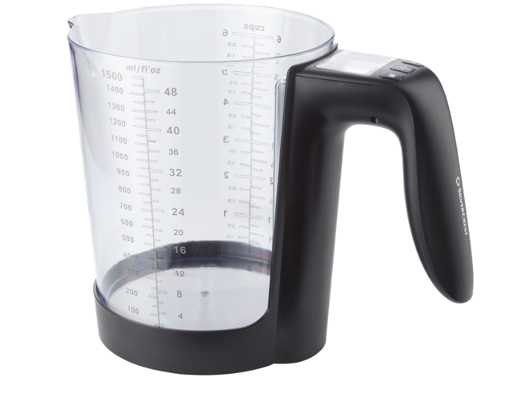 Brocca graduata trasparente con bilancia digitale e manico, con indicazioni ml/fl'oz.