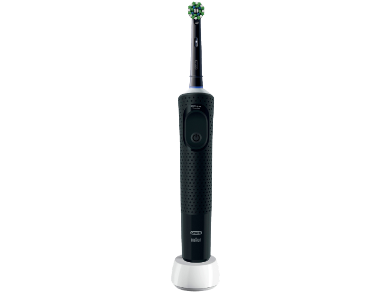 Spazzolino elettrico nero con testina verde e blu, su base di ricarica bianca.