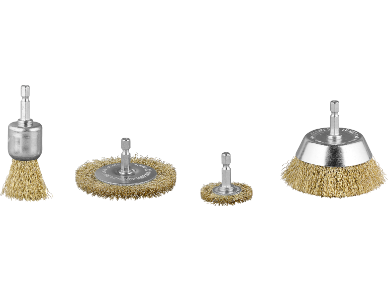 Set di spazzole metalliche in ottone per trapano, di varie forme e dimensioni.