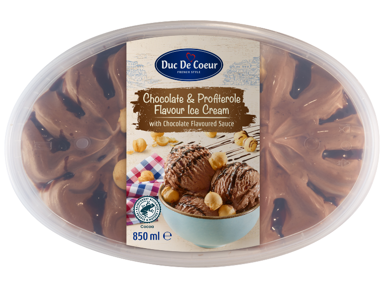 Gelato al cioccolato e profiteroles con salsa al cioccolato in contenitore ovale da 850 ml.
