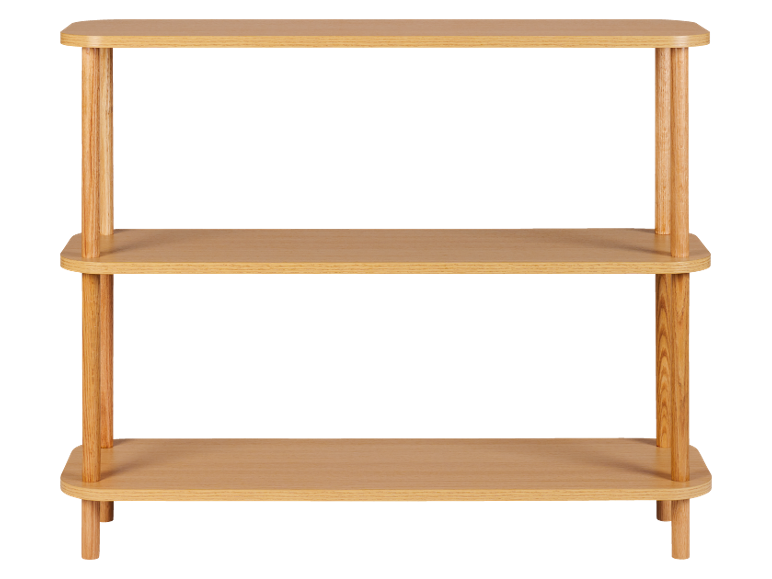 Scaffale in legno chiaro a tre livelli con bordi arrotondati.