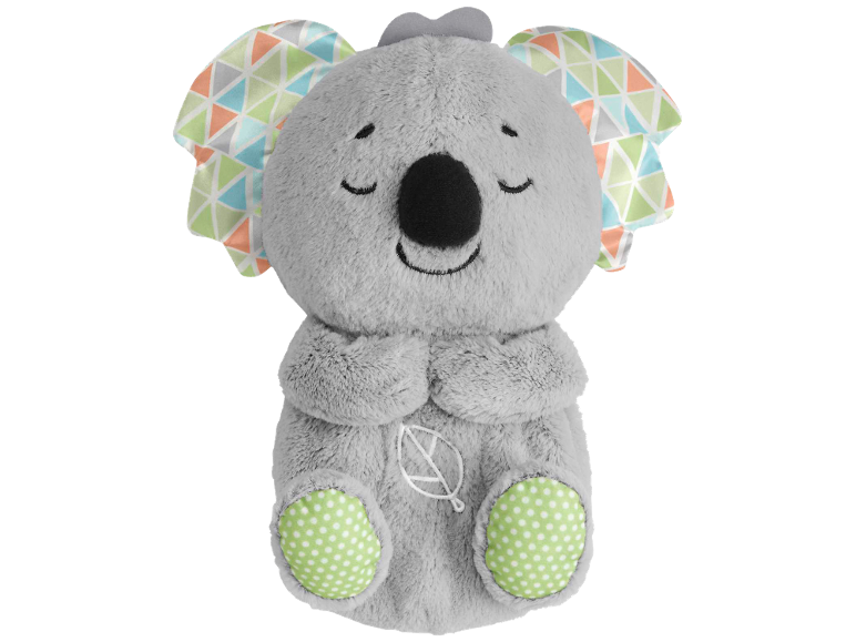 Peluche koala grigio con orecchie colorate, naso nero e zampe verdi a pois.