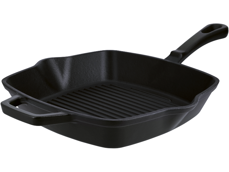 Padella grill quadrata in ghisa nera con fondo a coste e manico.