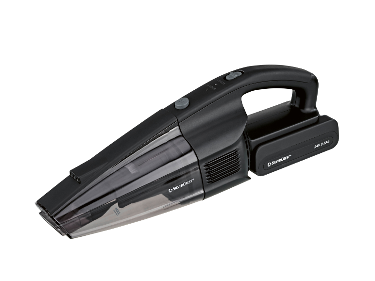 Aspirapolvere portatile nero con contenitore trasparente per la polvere e batteria da 24V 2.5Ah