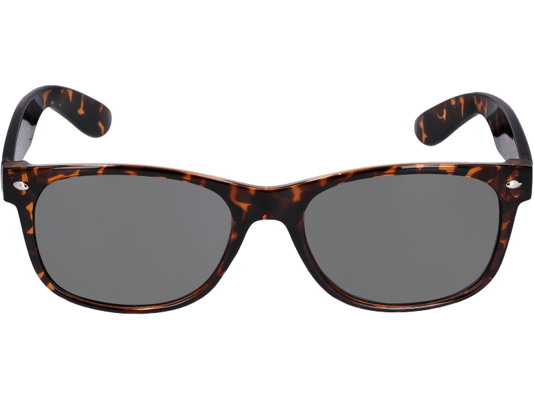 Occhiali da sole stile classico con montatura effetto tartaruga e lenti scure.