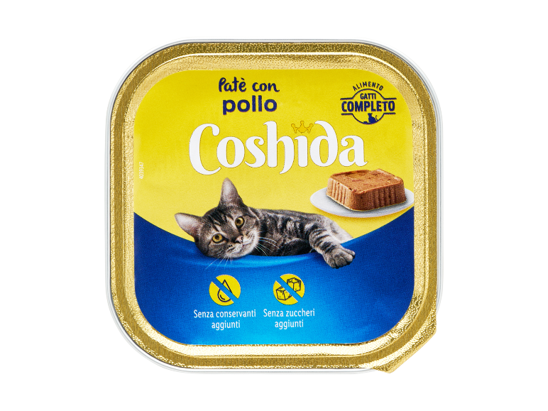 Confezione di paté di pollo per gatti, alimento completo senza conservanti né zuccheri aggiunti.