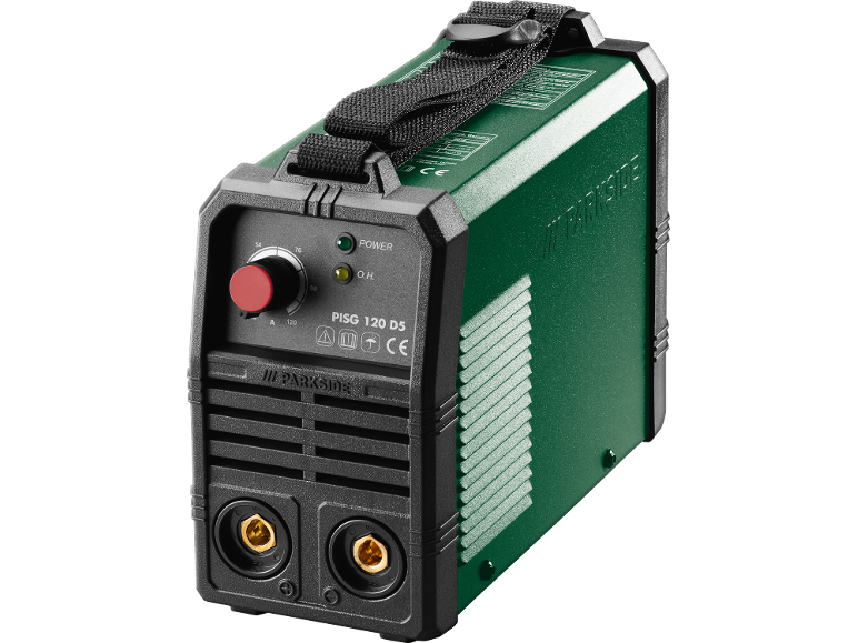Saldatrice inverter verde e nera con maniglia di trasporto e controlli frontali.