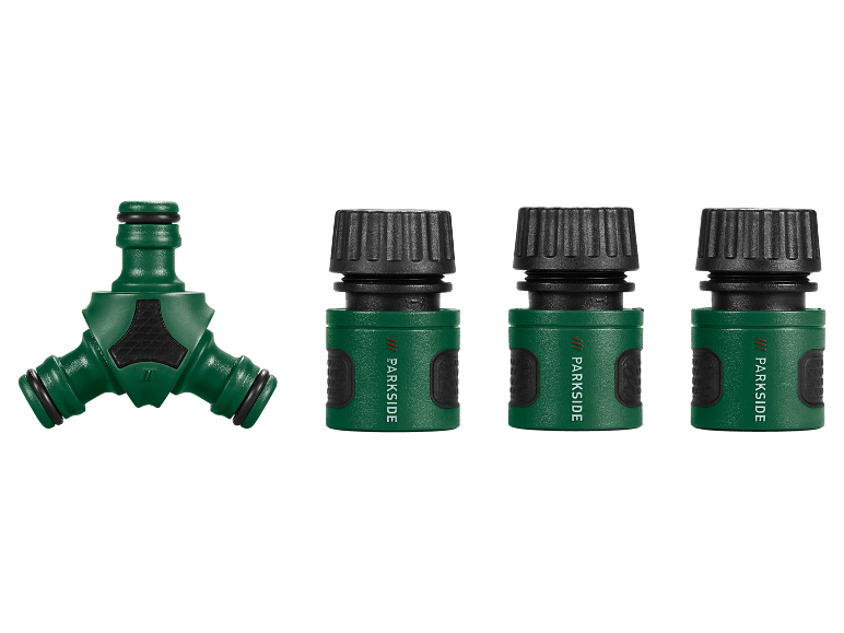 Un divisore a Y verde per tubo e tre connettori verdi per tubo.