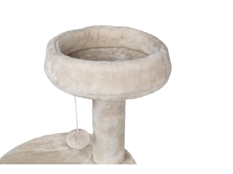 Tiragraffi per gatti beige con cuccia rotonda e pallina giocattolo.