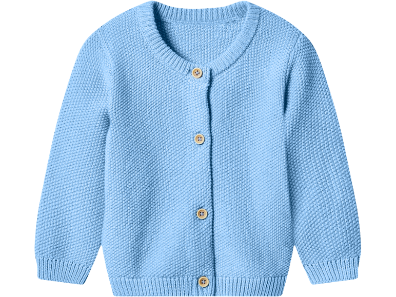 Cardigan per neonato azzurro con bottoni in legno.
