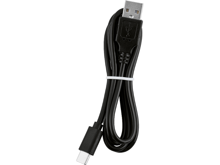 Cavo USB-A a USB-C nero con fascetta bianca.