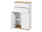 Mobiletto bianco e legno con due cassetti e un'anta aperta che rivela uno scaffale.