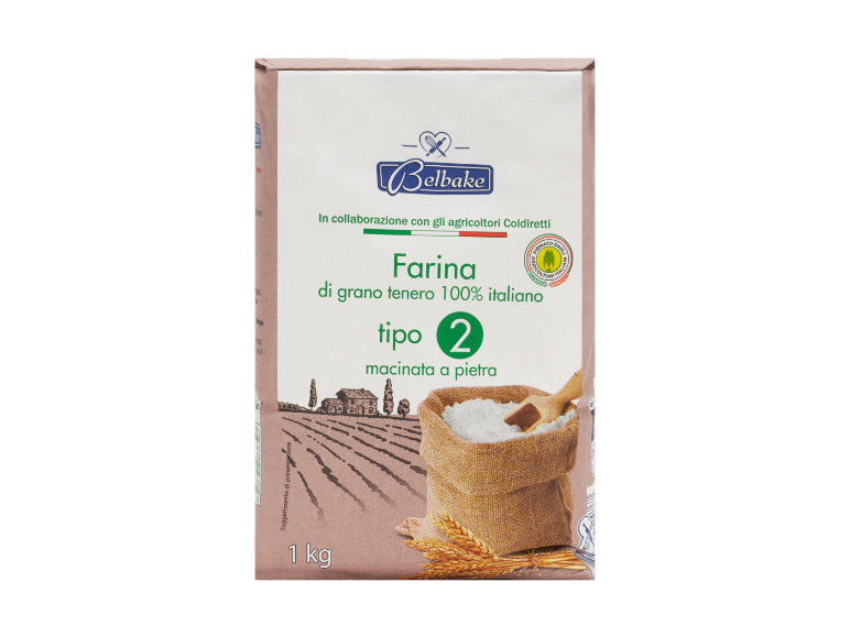 Confezione di farina di grano tenero 100% italiano, tipo 2, macinata a pietra, 1 kg.