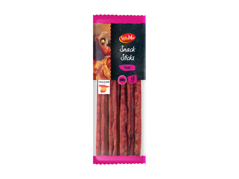 Confezione da 8 bastoncini di fuet, 80g, con una ballerina spagnola.