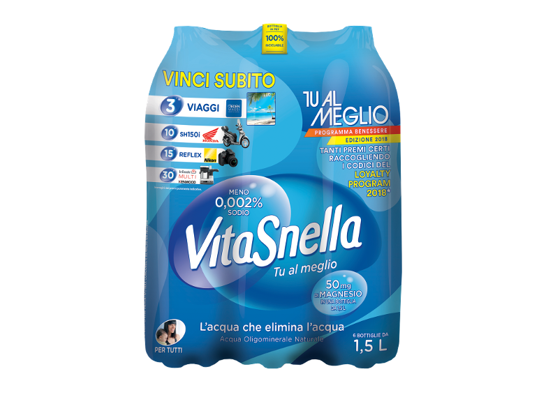 Confezione di acqua minerale con promozione viaggi, scooter e fotocamere.