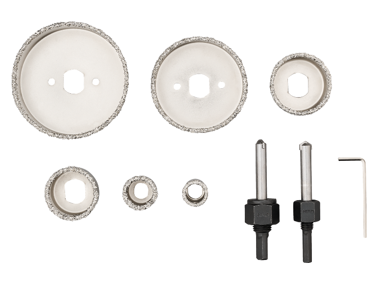 Set di punte diamantate per piastrelle, con varie misure e accessori.