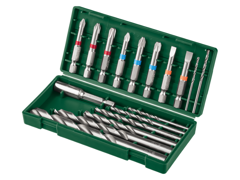Set di punte da trapano e inserti per avvitatore in una custodia verde aperta.