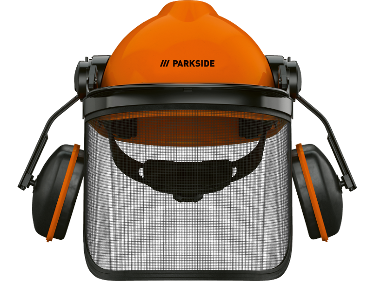 Casco di sicurezza arancione con visiera a rete e cuffie antirumore.