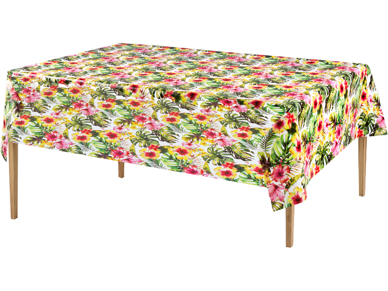 Tovaglia con stampa floreale tropicale su un tavolo di legno.