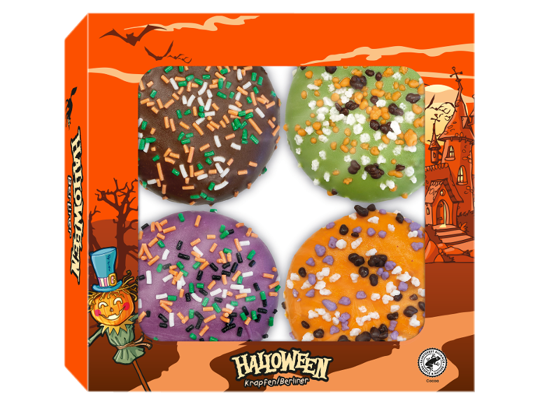 Scatola di 4 berliner di Halloween con glassa colorata e zuccherini.