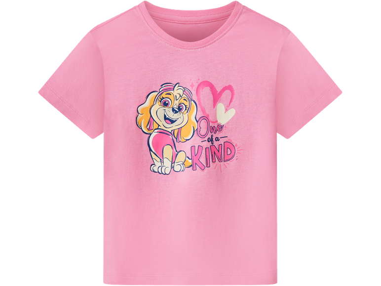 Maglietta rosa a maniche corte con disegno di cucciolo e testo 'One of a kind'.