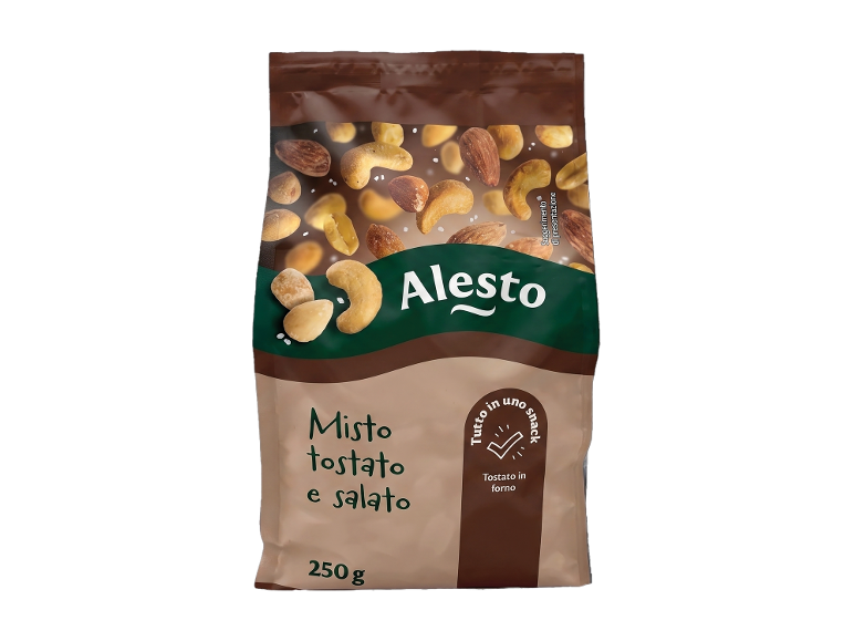 Una busta di frutta secca mista tostata e salata, inclusi anacardi e mandorle, con testo '250 g'