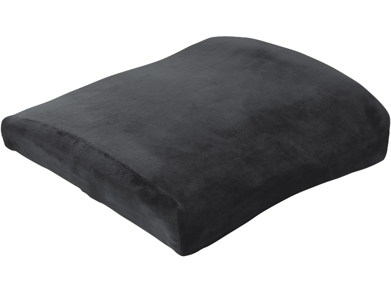 Cuscino lombare ergonomico grigio scuro in morbido tessuto.