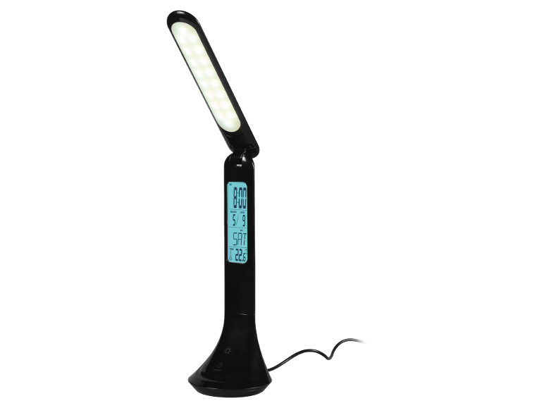Lampada da scrivania LED nera con display digitale che mostra ora, data e temperatura.