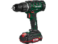 Trapano avvitatore a batteria verde e nero con accenti rossi e batteria.