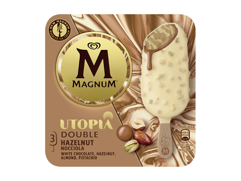 Gelato doppio nocciola con cioccolato bianco, mandorle e pistacchio, con informazioni nutrizionali.