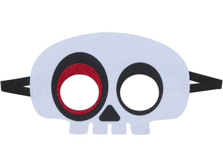 Maschera a forma di teschio in feltro bianco con dettagli neri e rossi, con elastico nero.