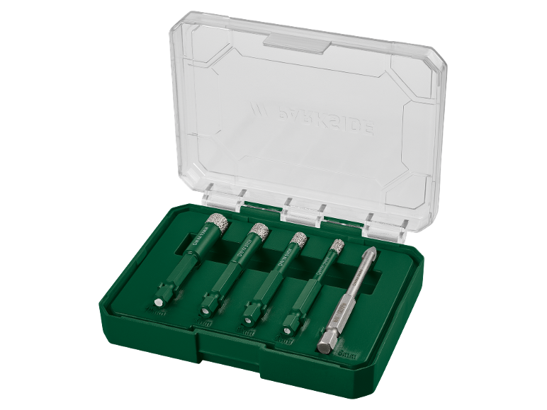 Set di punte da trapano con punta diamantata e in metallo duro in custodia verde.