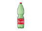 Bottiglia di acqua minerale naturale con etichetta rossa.