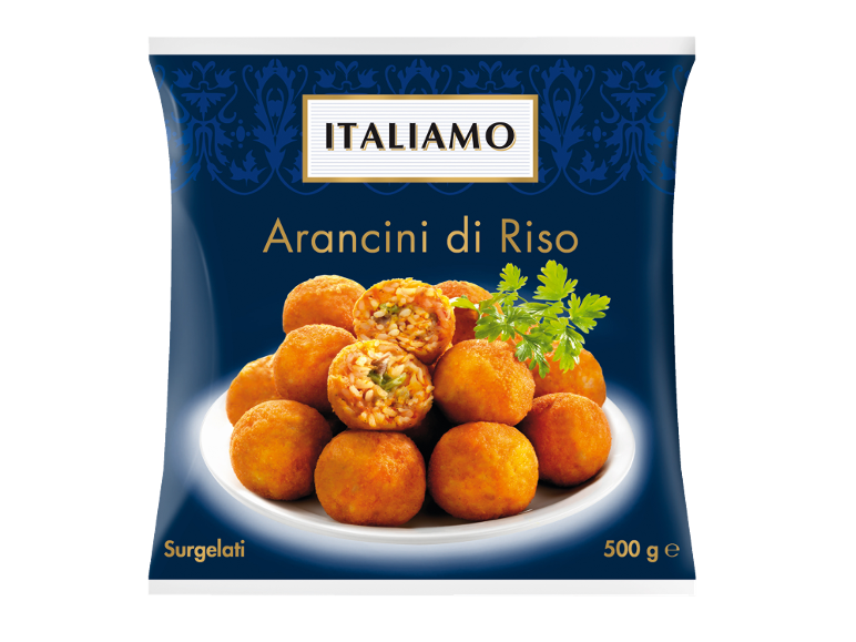 Confezione blu di arancini di riso con prezzemolo, con testo 'Arancini di Riso' e 'Surgelati'.
