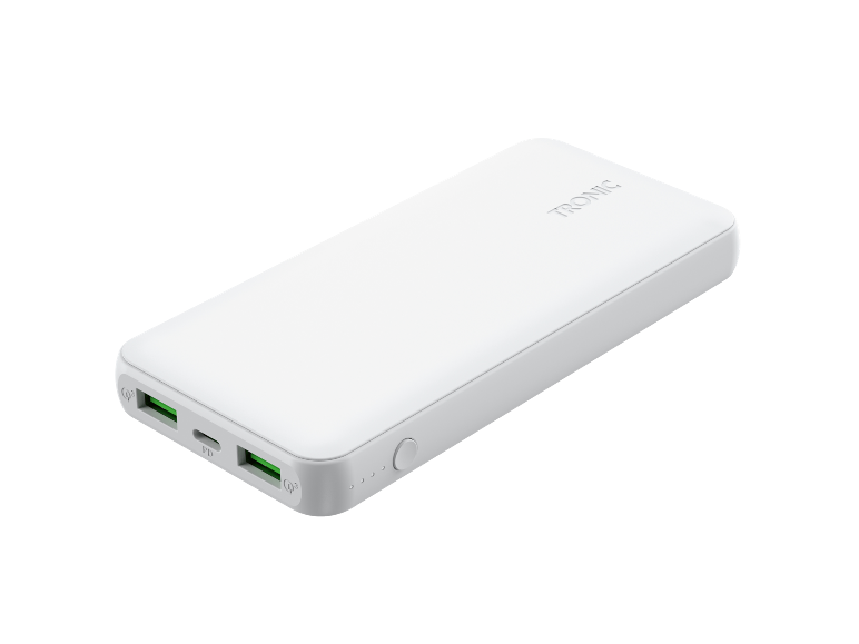 Power bank bianco con porte USB e il logo 'TRONIC' sulla parte superiore.