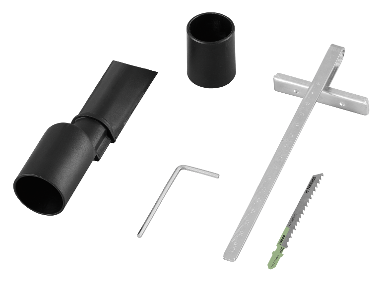 Set accessori per elettroutensili: adattatori per aspirapolvere, chiave esagonale, guida e lama per sega.