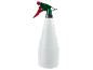 Flacone spray in plastica bianca con testa verde e grilletto rosso, con scala graduata.