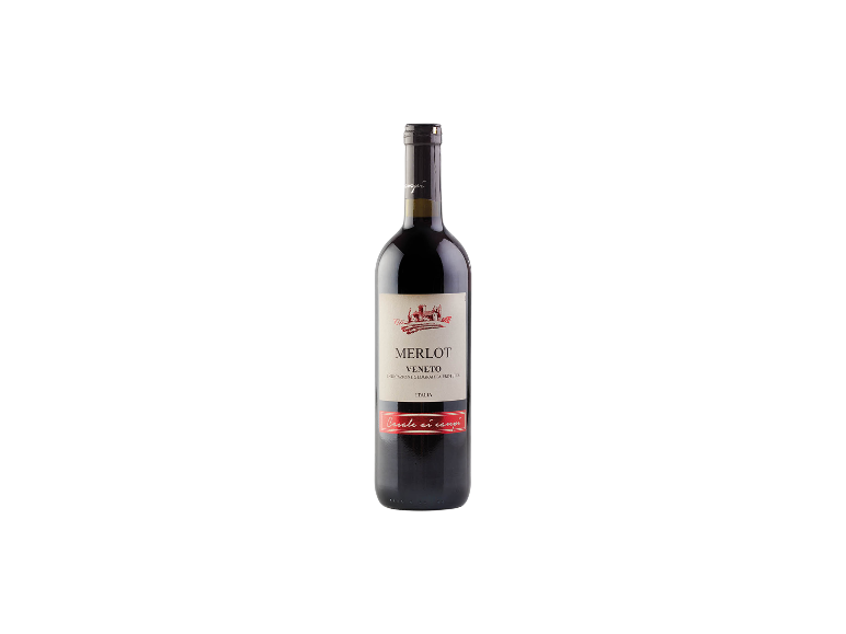 Bottiglia di vino rosso Merlot Veneto con etichetta bianca e rossa su sfondo nero.