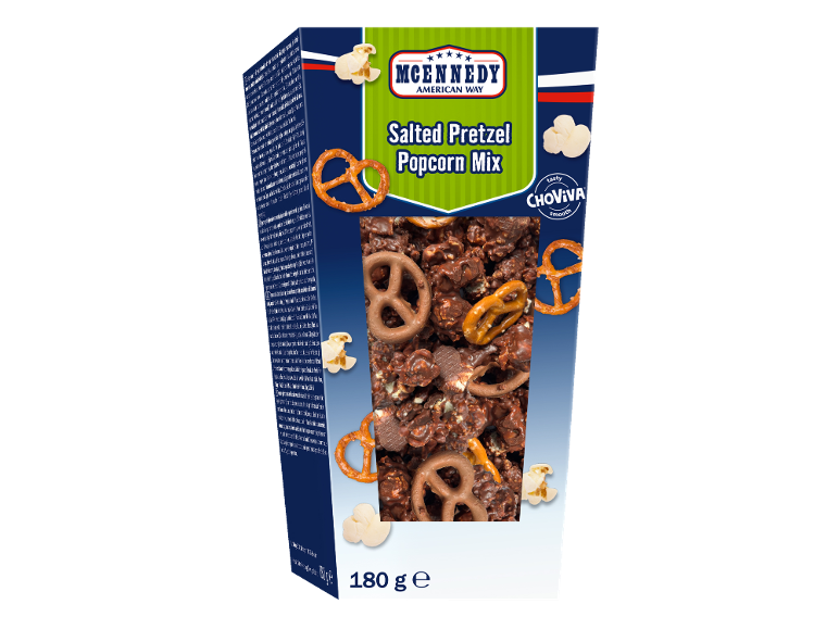 Scatola di pretzel salati e popcorn ricoperti di cioccolato, 180 g.
