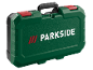 Valigetta portautensili verde con manico nero e chiusure rosse, con la scritta 'PARKSIDE'.
